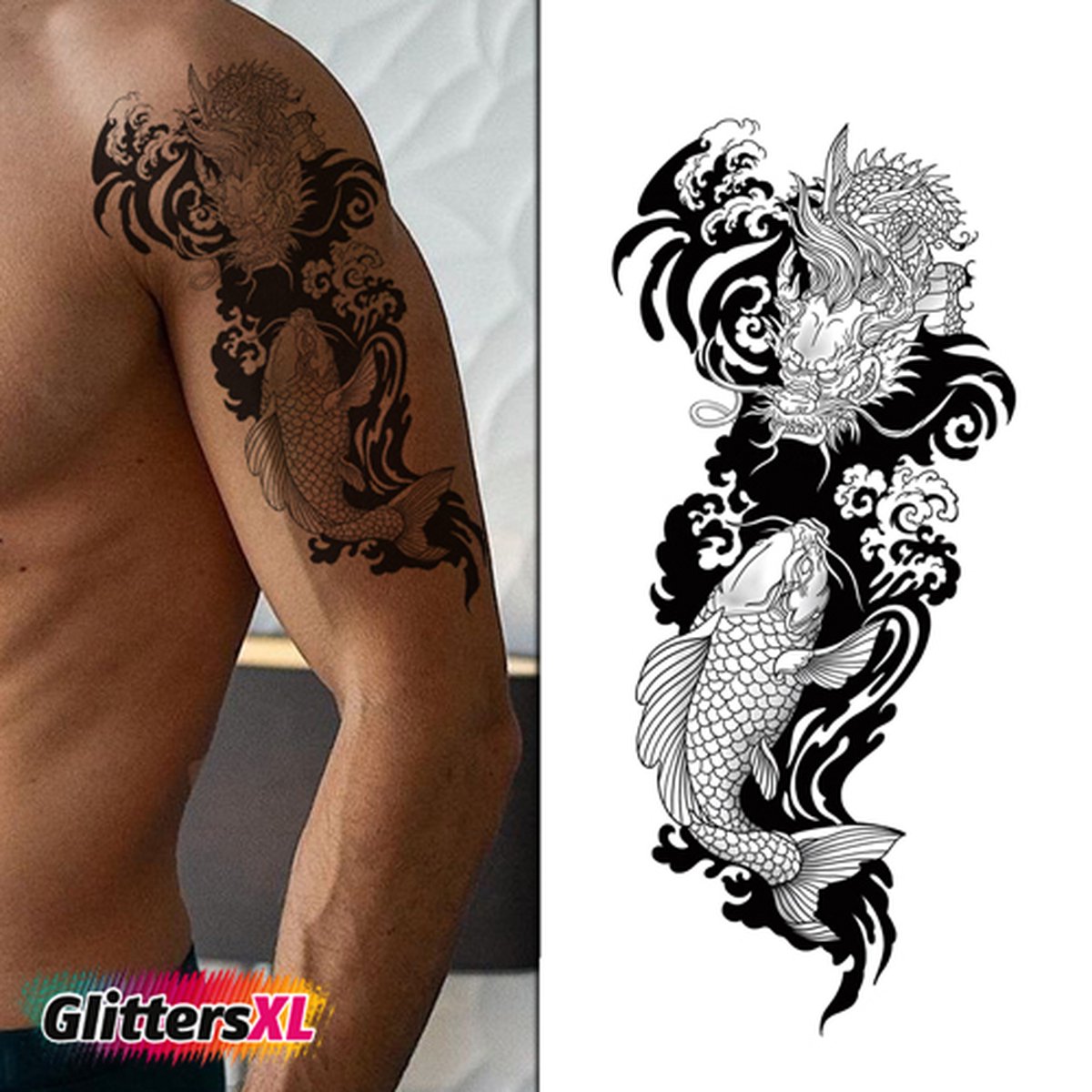 GlittersXL - Temporary Tattoo Japans (A5 formaat) [Neptattoo - Tijdelijke tatoeage - Nep Fake Tattoos - Water overdraagbare festival sticker henna outfit tattoo - Glitter tattoo - Volwassenen Kinderen Jongen Meisje]
